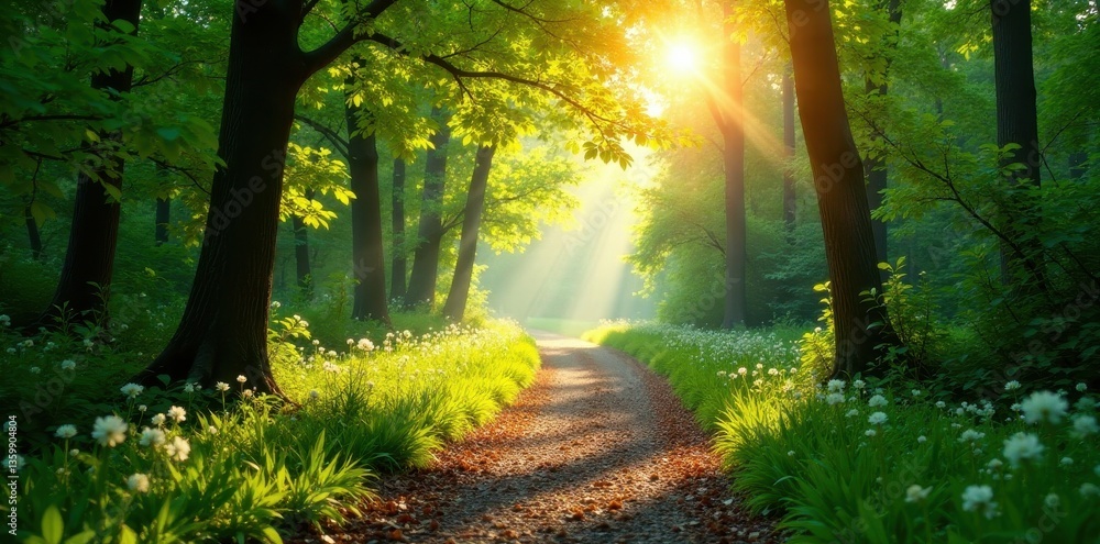 Fototapeta premium Sun-dappled path, vibrant spring foliage, peaceful forest , serene, rays, nature