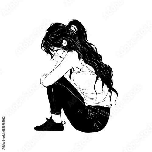 A young woman with long wavy hair sits with her knees up, looking down in sadness. Black and white drawing on a white background. Concept of loneliness