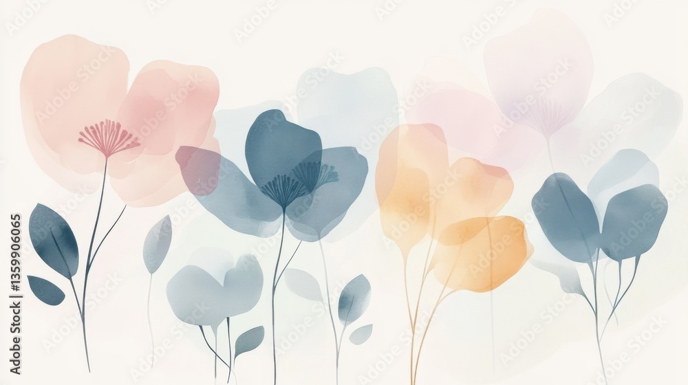 Obraz premium Abstract watercolor floral artwork with soft, blurred petals, floating shapes, and delicate pastel gradients. A dreamy botanical haze with a misty atmosphere.