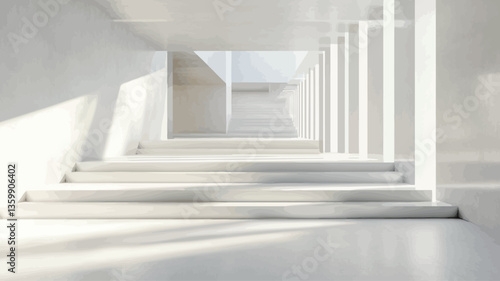 The image depicts a digitally rendered interior space featuring a long hallway with a receding perspective.  The walls, floor, stairs, columns, and pillars are all pure white.  Sunlight streams in