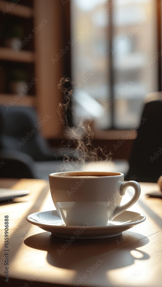Fototapeta premium Cozy Morning Coffee with Steam Rising from White Cup on Modern Table Surrounded by Soft Light in a Contemporary Office Environment