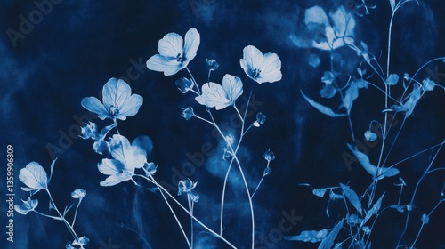 Cyanotype botanical print with glowing floral silhouettes, deep indigo tones, and a misty diffusion effect. Artistic nature-inspired ethereal aesthetics.