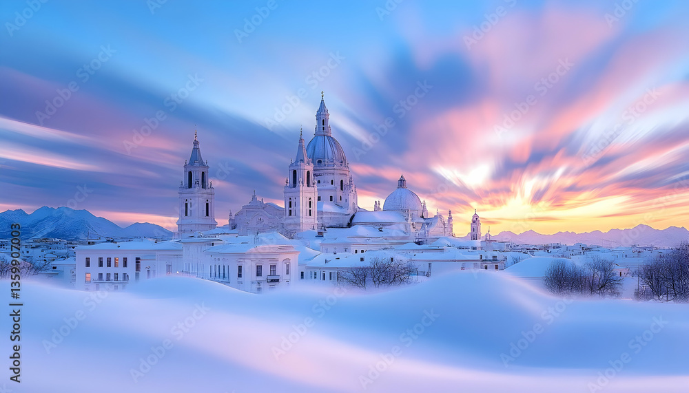Naklejka premium Snowy Cathedral Sunset, Mountain View, Winter Landscape, Travel Poster