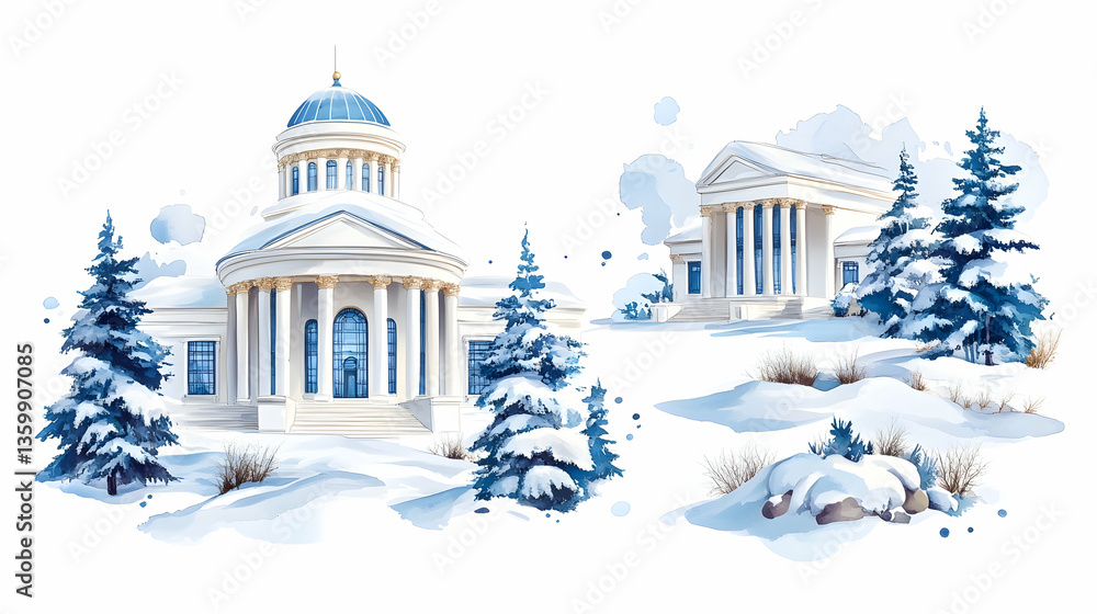 Fototapeta premium Snowy Classical Buildings Winter Landscape; Holiday Card