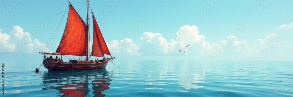 Fototapeta premium Sailboat anchored in calm waters with fishing nets and seagulls, sea, marine