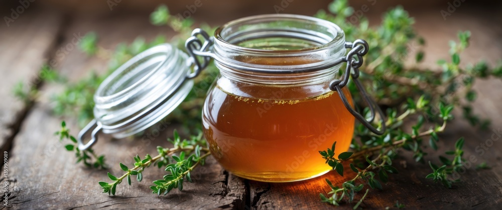 Thyme herbal syrup in a glass container on a table. Natural remedy for cough. Thyme herbal syrup in a glass container on a table. Natural remedy for cough.