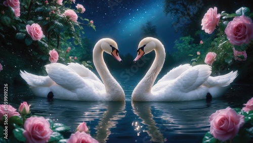 Fototapeta Naklejka Na Ścianę i Meble -  Two white swans gliding on a lake, in a fantasy magical enchanted fairy tale landscape with graceful birds in love, a fairytale blossoming pink rose flower garden at night against a mysterious blue...