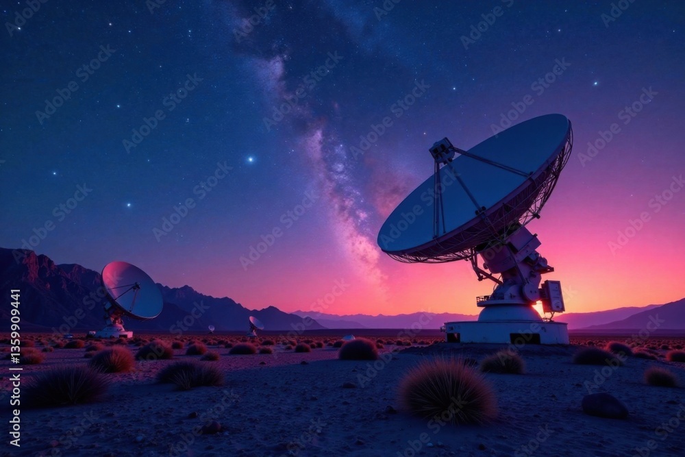 Satellite dish array in the desert landscape under starry night sky , satellite, space Satellite dish array in the desert landscape under starry night sky , satellite, space
