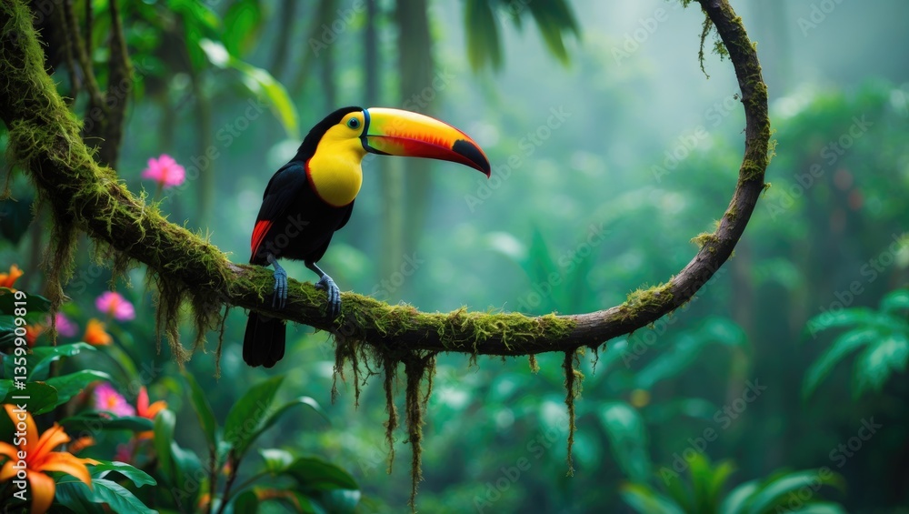 Obraz premium A toucan perches on a curved branch in the heart of the jungle.