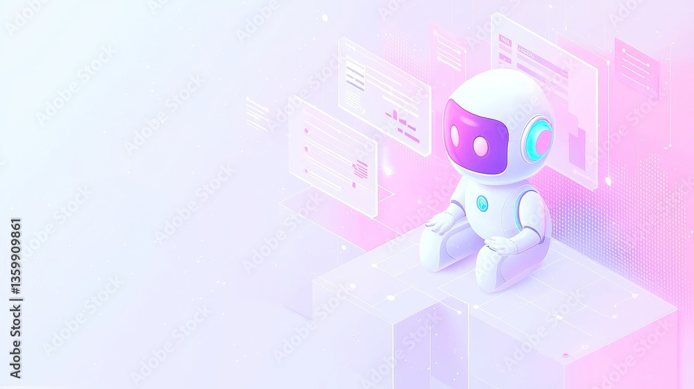 Futuristic AI Business Planning, minimalistic illustration of an AI robot interacting with vibrant strategic charts, showcasing precision and clarity in decision-making with a clean isometric style. Futuristic AI Business Planning, minimalistic illustration of an AI robot interacting with vibrant strategic charts, showcasing precision and clarity in decision-making with a clean isometric style.