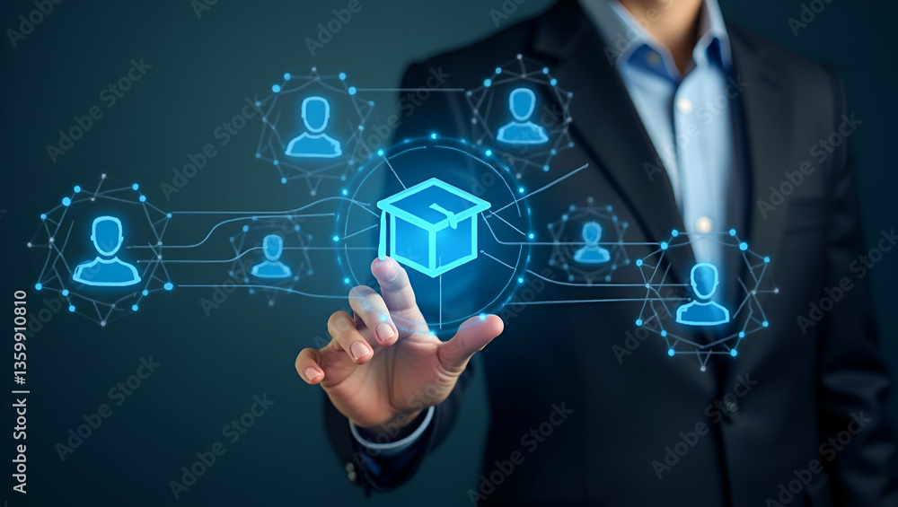 Flat Businessman Engaging with Holographic Job Search Icons: Resumes, Graduation Caps & Global Networking Flat Businessman Engaging with Holographic Job Search Icons: Resumes, Graduation Caps & Global Networking