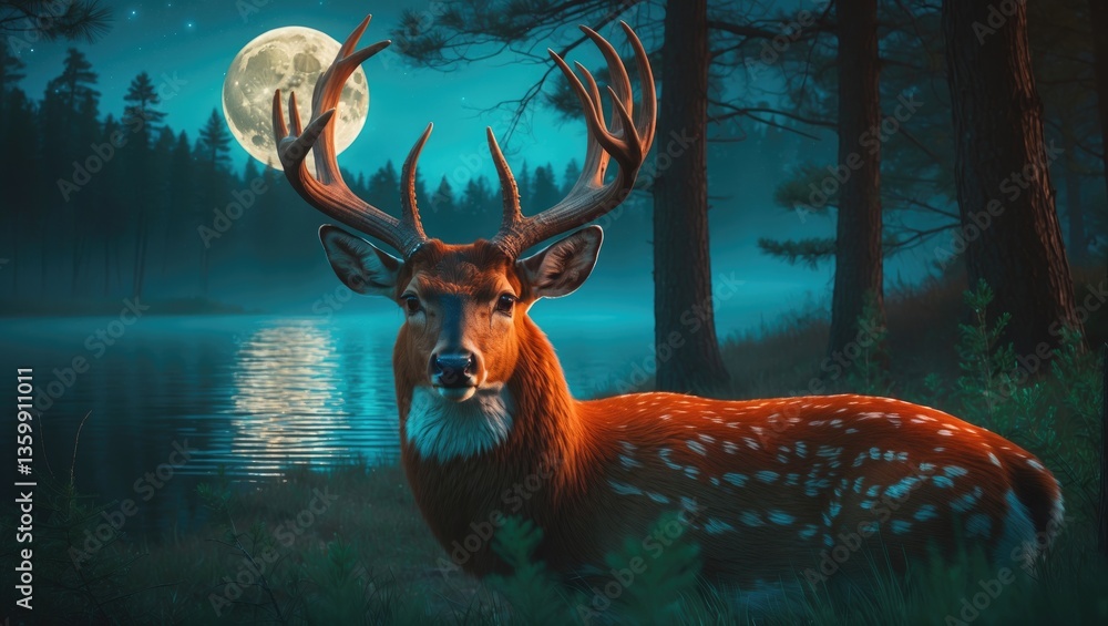 Fototapeta premium Animal in pine forest by lake at night.