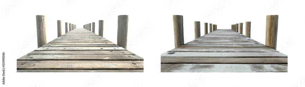 Obraz premium Set of wooden pier on a transparent or white background. footbridge, seaside dock.