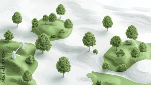 The image is a 3D rendering of a stylized landscape.  The scene features several small, stylized green trees positioned on small, rounded green hills.  The hills are situated on a predominantly