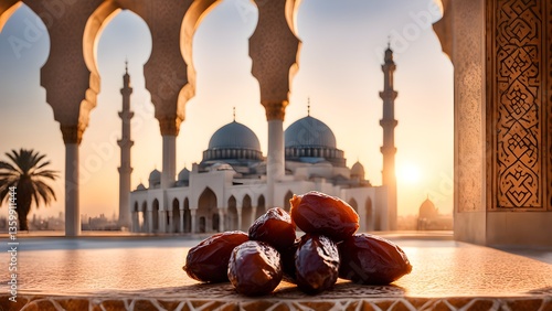 Dates a table, a mosque background sunrise.