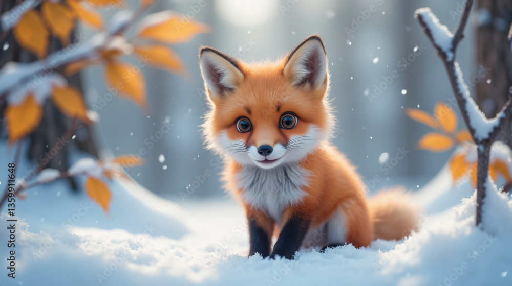 Obraz premium cute fox sits in snow, surrounded by autumn leaves, creating charming winter scene