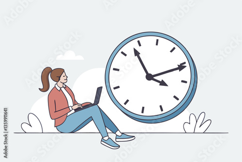 Part-time job, work tracking system, day planning or time management, side hustle or office work deadline, start and end time schedule concept, businesswoman working with laptop on split time clock.