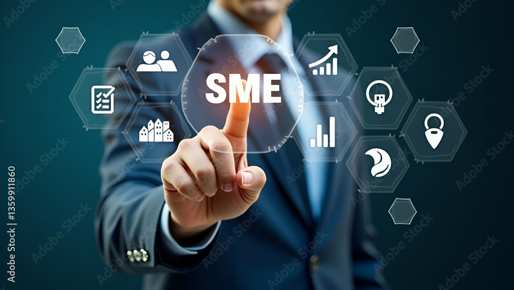 Hand Pointing at Holographic SME Business Growth Icons: Visualizing Success Strategies for Small and Medium Enterprises in an Empty Space Concept Hand Pointing at Holographic SME Business Growth Icons: Visualizing Success Strategies for Small and Medium Enterprises in an Empty Space Concept
