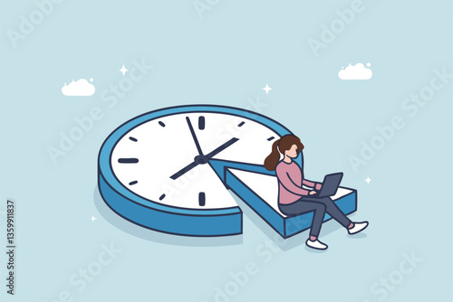 Part-time job, work tracking system, day planning or time management, side hustle or office work deadline, start and end time schedule concept, businesswoman working with laptop on split time clock.