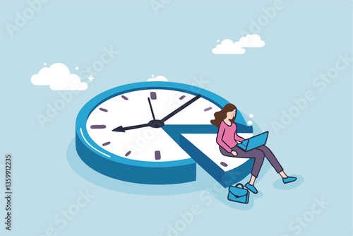 Part-time job, work tracking system, day planning or time management, side hustle or office work deadline, start and end time schedule concept, businesswoman working with laptop on split time clock.