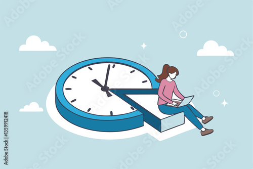 Part-time job, work tracking system, day planning or time management, side hustle or office work deadline, start and end time schedule concept, businesswoman working with laptop on split time clock.