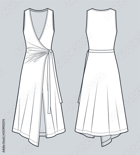 Wrap Dress Technical Fashion Illustration. Draped midi Dress fashion flat technical drawing template, asymmetric, front and back view, white, women CAD mockup.