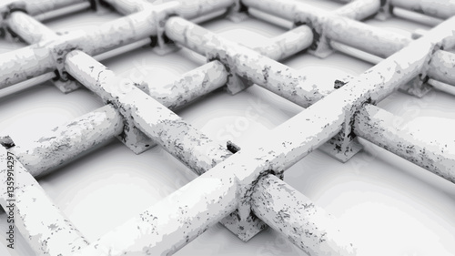 Close-up view of a grid pattern composed of interconnected white cylindrical elements. The elements appear to be slightly textured or worn. The grid is regularly spaced, forming a repeating
