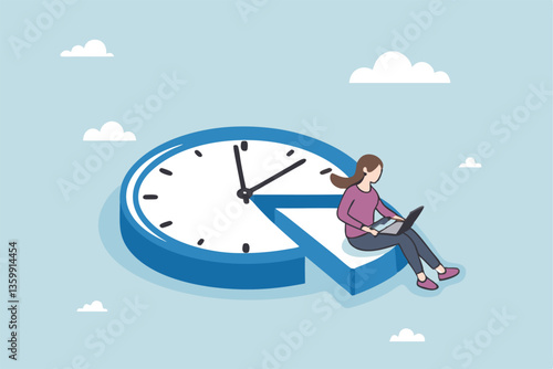 Part-time job, work tracking system, day planning or time management, side hustle or office work deadline, start and end time schedule concept, businesswoman working with laptop on split time clock.