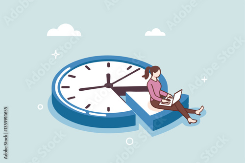 Part-time job, work tracking system, day planning or time management, side hustle or office work deadline, start and end time schedule concept, businesswoman working with laptop on split time clock.