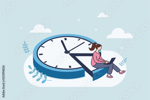 Part-time job, work tracking system, day planning or time management, side hustle or office work deadline, start and end time schedule concept, businesswoman working with laptop on split time clock.