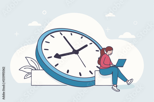 Part-time job, work tracking system, day planning or time management, side hustle or office work deadline, start and end time schedule concept, businesswoman working with laptop on split time clock.