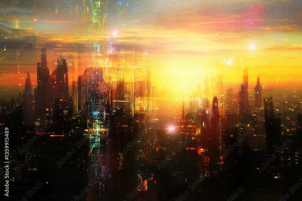 Fototapeta premium Vibrant sunset over a futuristic city skyline filled with towering structures and glowing lights