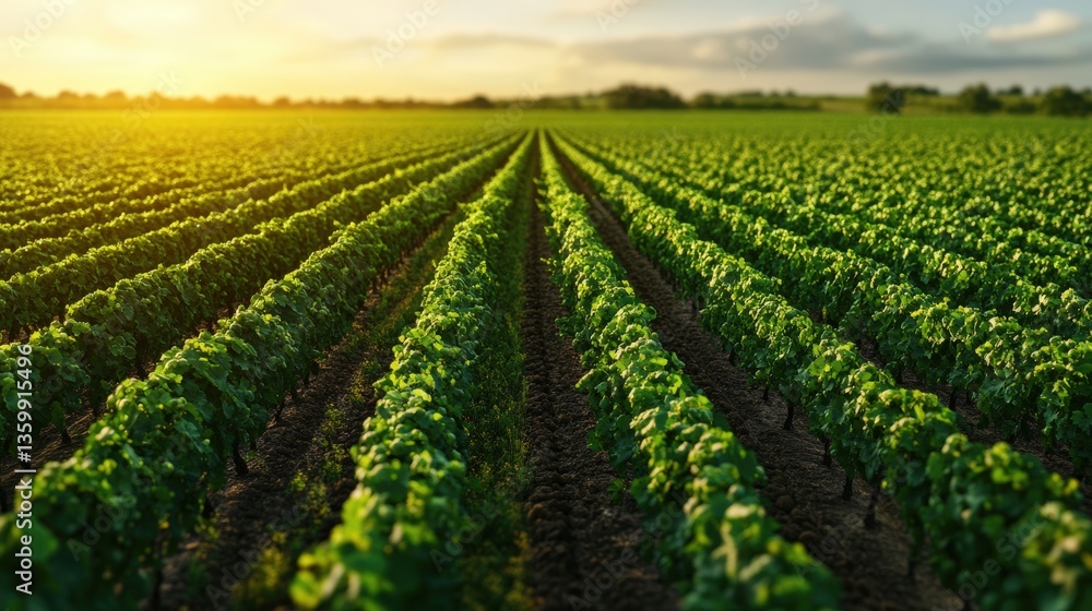 Lush green grapevines flourish in a sprawling vineyard bathed in golden sunlight du a breathtaking sunset creating a picturesque landscape scene Lush green grapevines flourish in a sprawling vineyard bathed in golden sunlight du a breathtaking sunset creating a picturesque landscape scene
