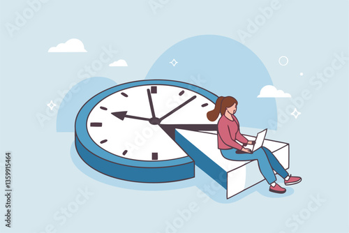 Part-time job, work tracking system, day planning or time management, side hustle or office work deadline, start and end time schedule concept, businesswoman working with laptop on split time clock.