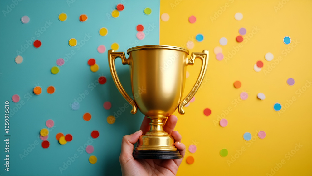 Flat Hand Holding Large Gold First Place Trophy with Colorful Confetti - Victory and Success Illustration Flat Hand Holding Large Gold First Place Trophy with Colorful Confetti - Victory and Success Illustration