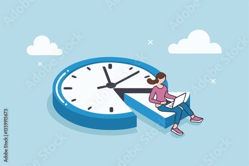 Part-time job, work tracking system, day planning or time management, side hustle or office work deadline, start and end time schedule concept, businesswoman working with laptop on split time clock.