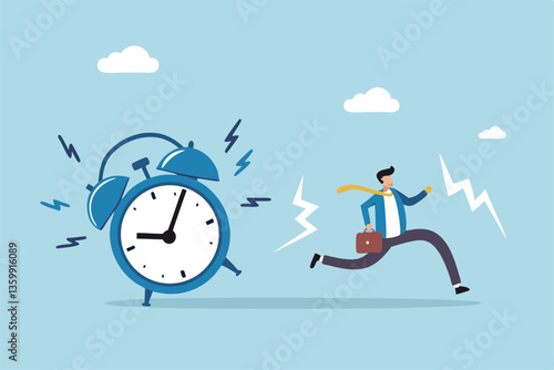 Late, hurry to go to work, rushing or running fast before deadline, speed or busy job, pressure or challenge to finish work in time, urgency concept, frustrated businessman hurry running to work late.