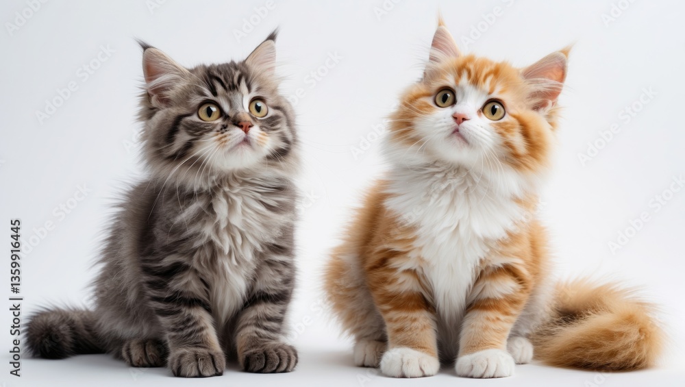Obraz premium Two kittens, 3 months old, sitting and gazing upward against a white background.