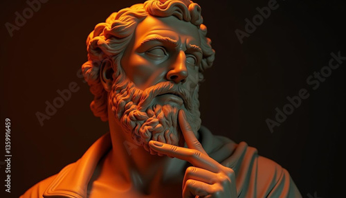 An ancient statue of a thoughtful figure, with a serene and contemplative expression. The statue exudes wisdom and mystery, capturing the essence of timeless art and classical beauty in its design.

