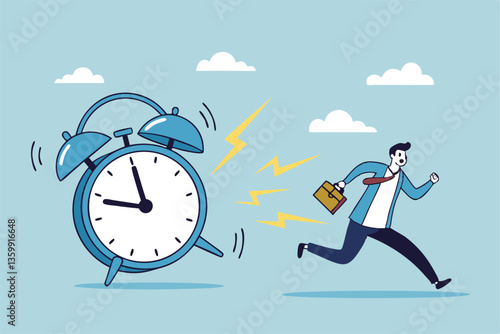 Late, hurry to go to work, rushing or running fast before deadline, speed or busy job, pressure or challenge to finish work in time, urgency concept, frustrated businessman hurry running to work late.