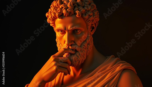 An ancient statue of a thoughtful figure, with a serene and contemplative expression. The statue exudes wisdom and mystery, capturing the essence of timeless art and classical beauty in its design.

