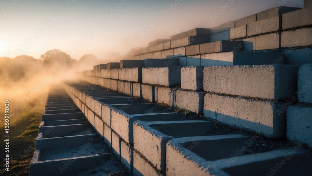 Obraz premium A gray concrete block retaining wall with two tiers is bathed in the light of early morning.