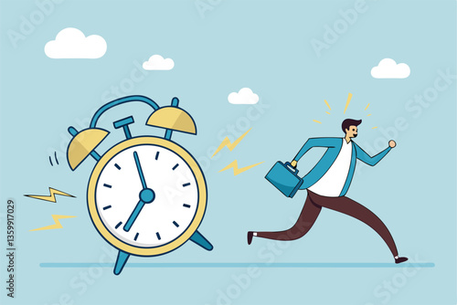Late, hurry to go to work, rushing or running fast before deadline, speed or busy job, pressure or challenge to finish work in time, urgency concept, frustrated businessman hurry running to work late.