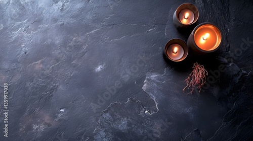 Dark, moody overhead shot of three lit candles and a small piece of dried foliage, set on a dramatically textured black or dark gray marble surface.