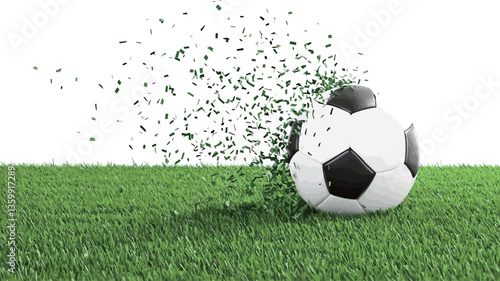The image shows a classic black and white soccer ball partially embedded in a short-cut green grassy field against a pure white background.  A significant portion of the ball appears to be