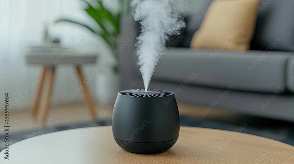 A black humidifier emits steam while sitting on a coffee table in a warmly lit living room, enhancing the cozy environment
