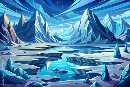 landscape of snowy north pole with icy field and rocks illustration cartoon