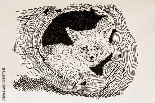Hand-drawn fox curled in tree hollow surrounded by wood texture and ink lines. Concept of wildlife, forest animal and cozy natural shelter