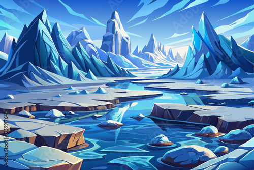 landscape of snowy north pole with icy field and rocks illustration cartoon