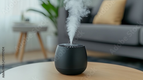 Obraz na płótnie A black humidifier emits steam while sitting on a coffee table in a warmly lit living room, enhancing the cozy environment w salonie